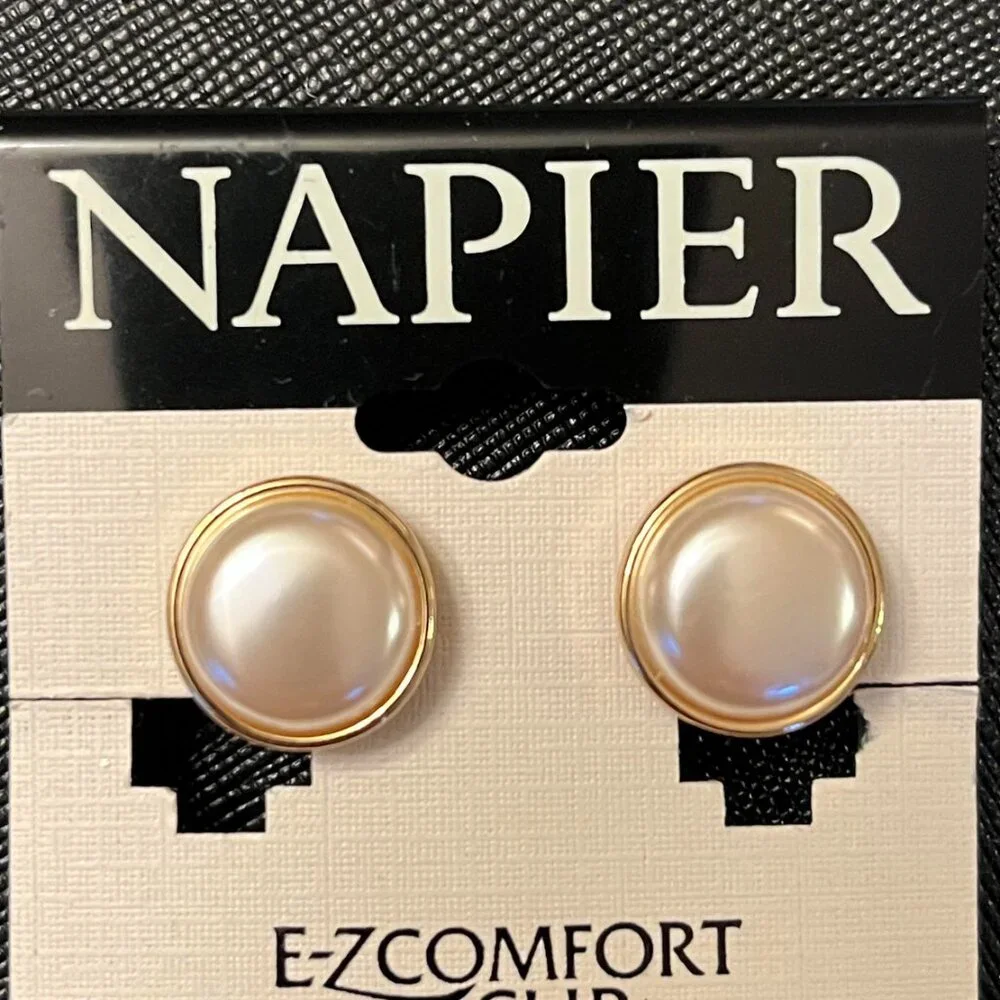Napier TJG Golden Tone Faux Pearl Clip-on Earrings - Picture 1 of 9
